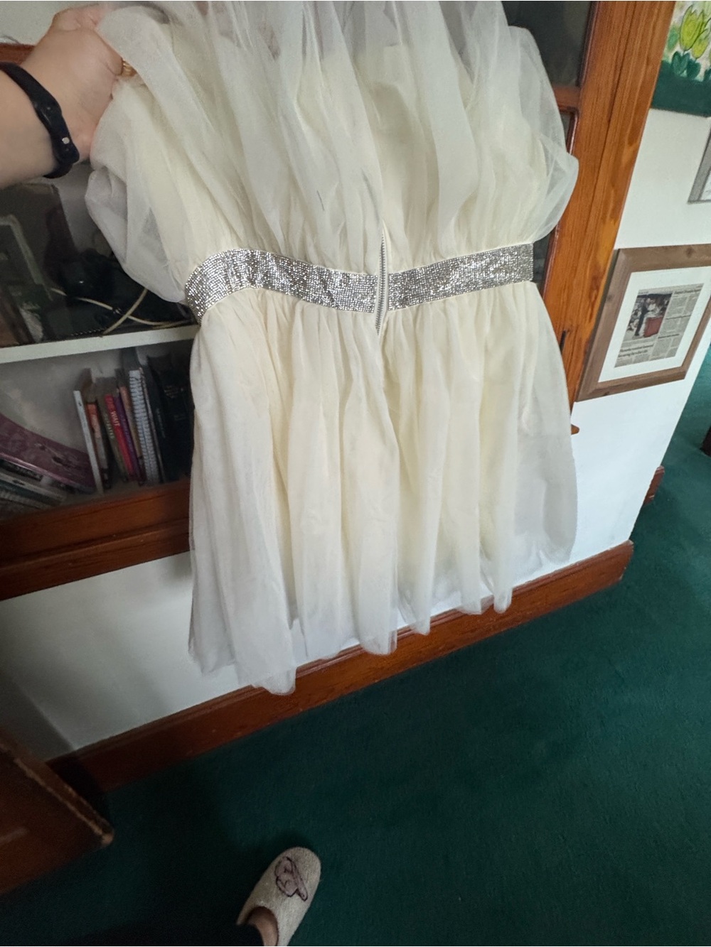 Betsey Johnson Ivory Tulle Strapless Dress with Silver Sequin Waistband